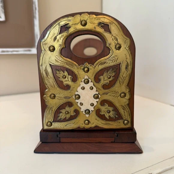 Antique Brass Mounted Wood Expandable Book Rack Victorian Folding Bookends Accents